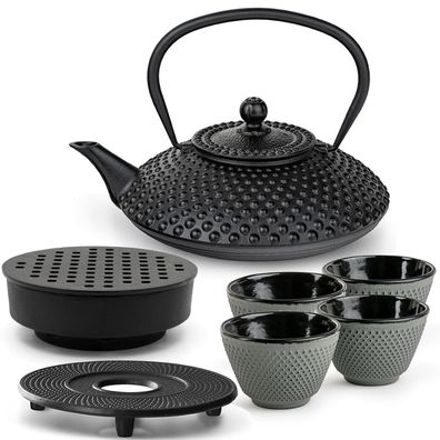 Bredemeijer Gusseisen Teeset 1,25 L Teewärmer Untersetzer 4 Becher grün schwarz