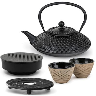 Bredemeijer Gusseisen Teeset 1,25 L Teewärmer Untersetzer 2 Becher sand schwarz