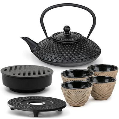 Bredemeijer Gusseisen Teeset 1,25 L Teewärmer Untersetzer 4 Becher sand schwarz