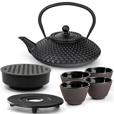 Bredemeijer Gusseisen Teeset 1,25 L Teewärmer Untersetzer 4 Becher lila schwarz