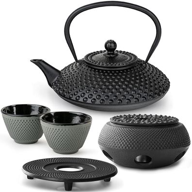 Bredemeijer Teeset 1,25 L Gusseisen schwarz 2 Becher grün Untersetzer & Stövchen