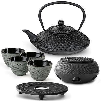 Bredemeijer Teeset 1,25 L Gusseisen schwarz 4 Becher grün Untersetzer & Stövchen