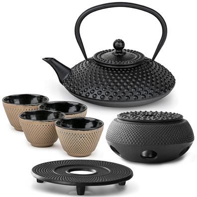 Bredemeijer Teeset 1,25 L Gusseisen schwarz 4 Becher sand Untersetzer & Stövchen
