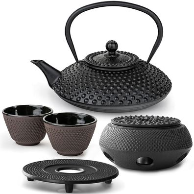 Bredemeijer Teeset 1,25 L Gusseisen schwarz 2 Becher lila Untersetzer & Stövchen