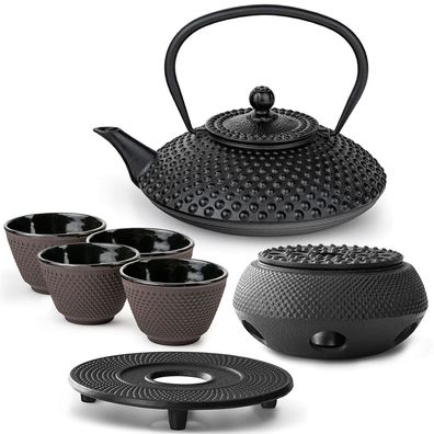 Bredemeijer Teeset 1,25 L Gusseisen schwarz 4 Becher lila Untersetzer & Stövchen