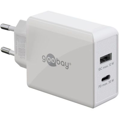 USB-C PD Dual-Schnellladegerät 30 Watt (weiß, 1x USB-A, 1x USB-C PD)