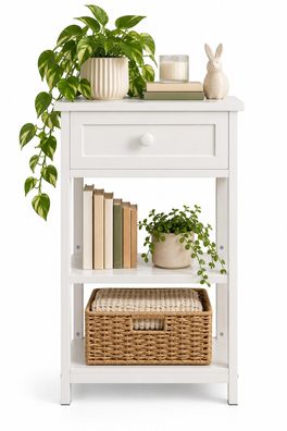 Weißer Nachttisch, 68 cm, mit einer Schublade und 2 Ablagen - Holzschrank im Loft-Sti