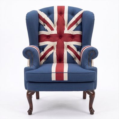 Union Jack Ohrensessel British Vintage Retro Blau Knopfheftung Holz