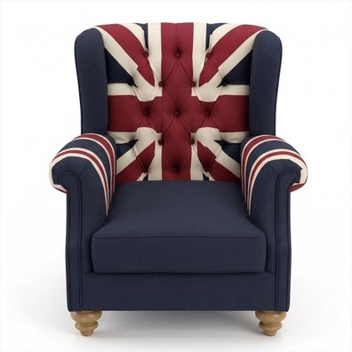 Union Jack Ohrensessel British Style Vintage Retro Dunkelblau Stoff