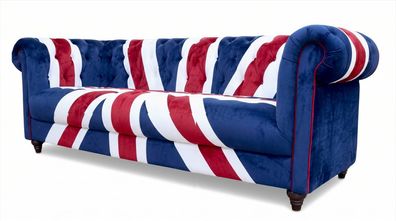 Chesterfield 3-Sitzer Sofa Union Jack Samt British Style Vintage Retro