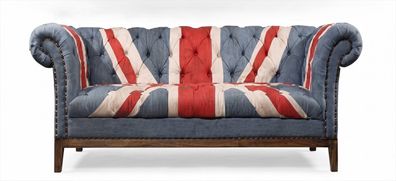 Chesterfield 2 Sitzer Sofa Union Jack Blau Samt Vintage British Retro