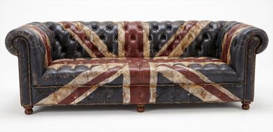 Chesterfield 3-Sitzer Sofa Union Jack Leder Dunkelbraun Vintage Retro