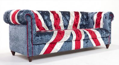 Chesterfield 3 Sitzer Sofa Union Jack Blau Samt Vintage British Retro