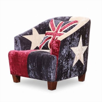 Clubsessel Union Jack British Style Samt Vintage Retro Mehrfarbig