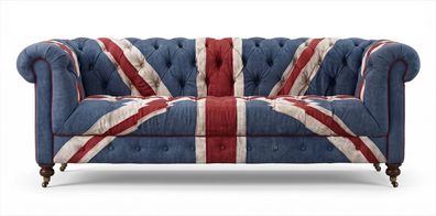 3-Sitzer Sofa Chesterfield Union Jack Samt British Vintage Retro Blau