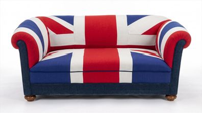 Union Jack 3-Sitzer Sofa British Style Vintage Retro Blau Samt Holz