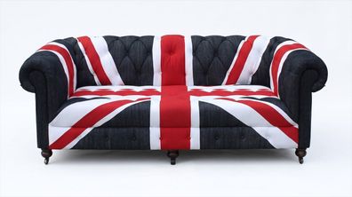Union Jack 3-Sitzer Sofa Chesterfield Blau Stoff Vintage British Retro