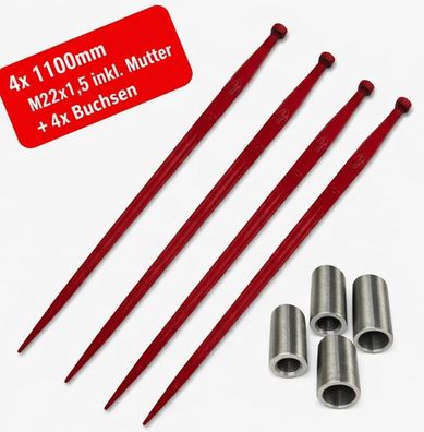 4x Frontladerzinken 1100mm M22x1,5 + 4x Buchsen Ballenzinken inkl. Mutter AKTION