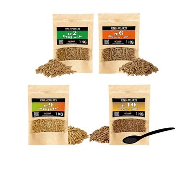 Pellets Set 4x1 kg BBQ Eiche Nr2, BBQ Gewürze Nr6, Apfel Nr9, Buche + Erle Nr10