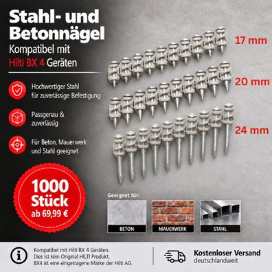 1000 Nägel kompatibel mit Hilti BX 4 - Betonnägel Stahlnägel 17 / 20 / 24 mm