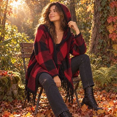 FB Sister Strickjacke Damen XS Rot Schwarz Karo Kapuze Fransen Cardigan Cape