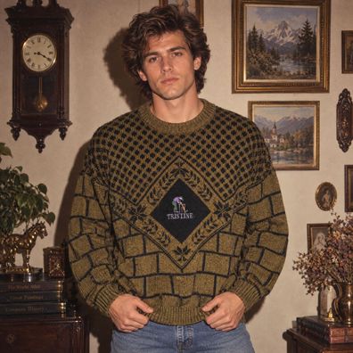 Tris Line Strickpullover Cricket Vintage 80er 90er Oliv Schwarz Wolle Gr. L