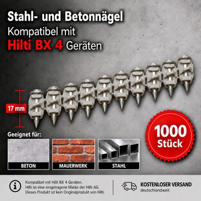 1000 Nägel kompatibel mit Hilti BX 4 - Betonnägel Stahlnägel 17 mm