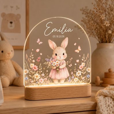 Nachtlicht Hase mit Blumen Personalisiert mit Name & Datum Weihnachtsgeschenk Baby