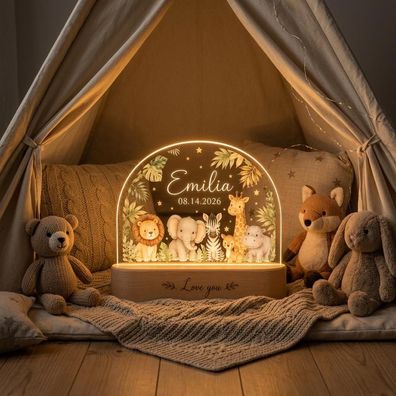 Nachtlicht Safari Tiere Löwe Elefant Personalisiert mit Name Weihnachtsgeschenk Baby