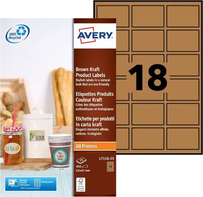 AVERY Zweckform L7110-25 Kraftpapier (zum Bedrucken, selbstklebend, 62x42 mm, 450 eck