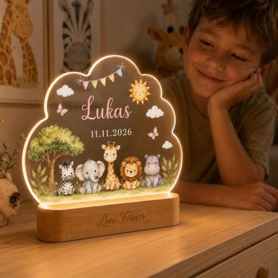 Nachtlicht Wolke Safari-Tiere Personalisiert Name & Datum Weihnachtsgeschenk Kind
