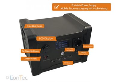 LionTec Powerstation 600W 320Wh Mobile Stromversorgung Sinus 230V USB 12V Solar