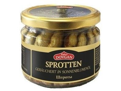 6x Dovgan Geräucherte Sprotten Sonnenblumenöl Glas je 300g / Abtropfgewicht 165g