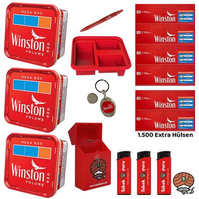 Winston Red/Rot Tabak Mega Box 3x 115g, Extra Hülsen, Schlüsselanhänger, Kulli