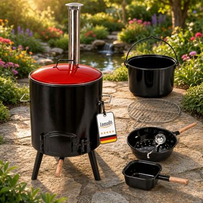 Gulaschkanone, Raketenofen mit Gulaschtopf, Glühweinkocher, Grillgitter