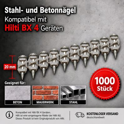 1000 Nägel kompatibel mit Hilti BX 4 - Betonnägel Stahlnägel 20 mm