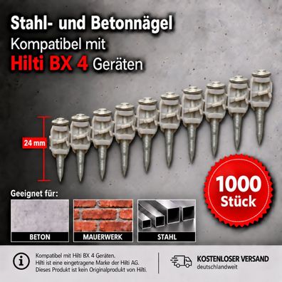 1000 Nägel kompatibel mit Hilti BX 4 - Betonnägel Stahlnägel 24 mm