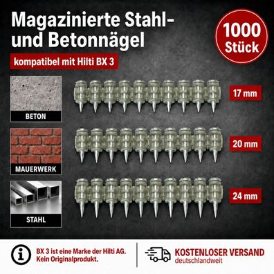 1000 Stück Stahl u. Beton Nägel  kompatibel mit Hilti BX 3 17mm 20mm 24mm 