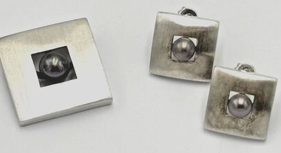 Schmuckset Anhänger und Ohrstecker 0,925 Sterlingsilber gebürstet Tahiti Perle