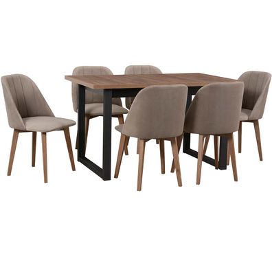 Tisch DS52 helles Nussbaum Laminat / Schwarz + Stéhle DK29 (6 Stk.) helles Nussbaum