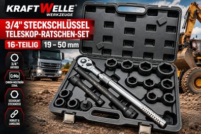 Kraftwelle 3/4 Zoll Steckschlüssel Teleskop Ratschen Set 16-teilig 19-50mm Sechskant