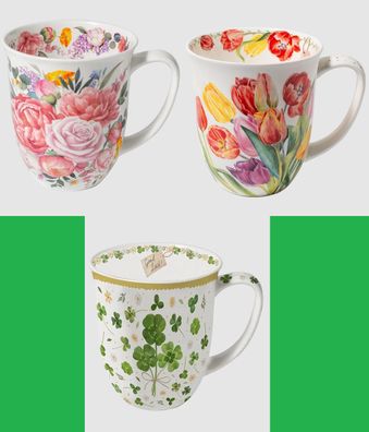 1 Kaffeebecher Blumen: Tulpen Pfingstrosen Klee Henkelbecher Tasse Geschenkidee Rose