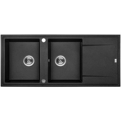 Granitspüle Doppelbecken MEGALO 50x116 Schwarz mit Abtropffläche | Siphon im SET!