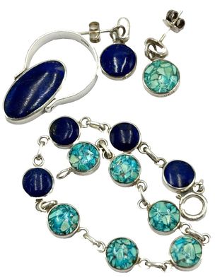 Schmuckset Armband, Ohrringe Anhänger 0,925 Sterlingsilber Türkis Lapsislazuli