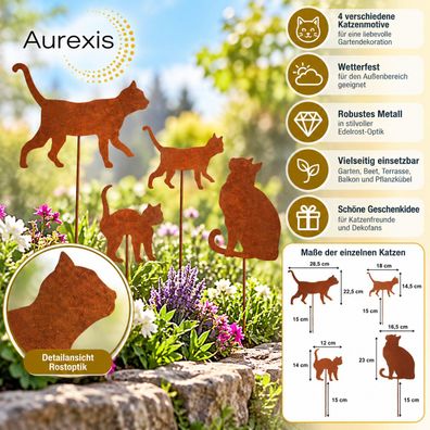 Aurexis Gartenstecker Katzen 4er Set Rost Gartendeko Roststecker Rostoptik