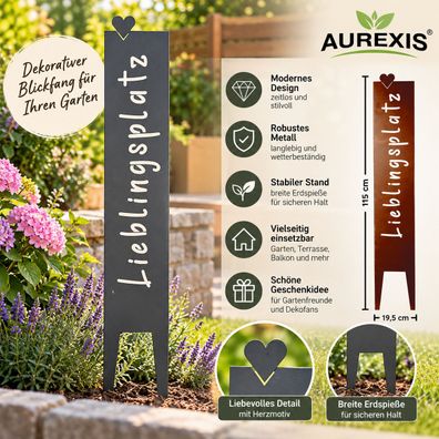 Aurexis Gartenstecker Metallschild Lieblingsplatz Anthrazit 115cm Gartendeko