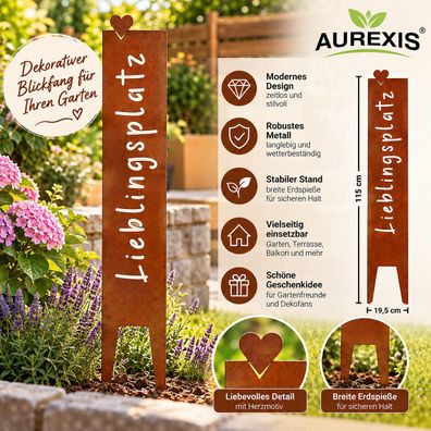 Aurexis Gartenstecker Metallschild Lieblingsplatz rostoptik 115cm Gartendeko
