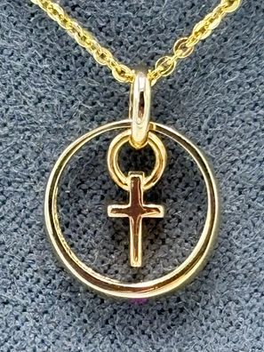 Christ Collier Kette mit Taufring und Kreuz 9K/0,375 Gelbgold Rubin