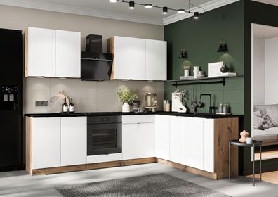 Küchenzeile Eckküche Gianna 200 - 260 cm Weiß / Artisan Eiche
