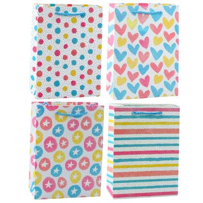 LeanToys Geschenktüte Herzen Sterne Punkte Streifen Bunt 23 x 18 x 10,5 cm